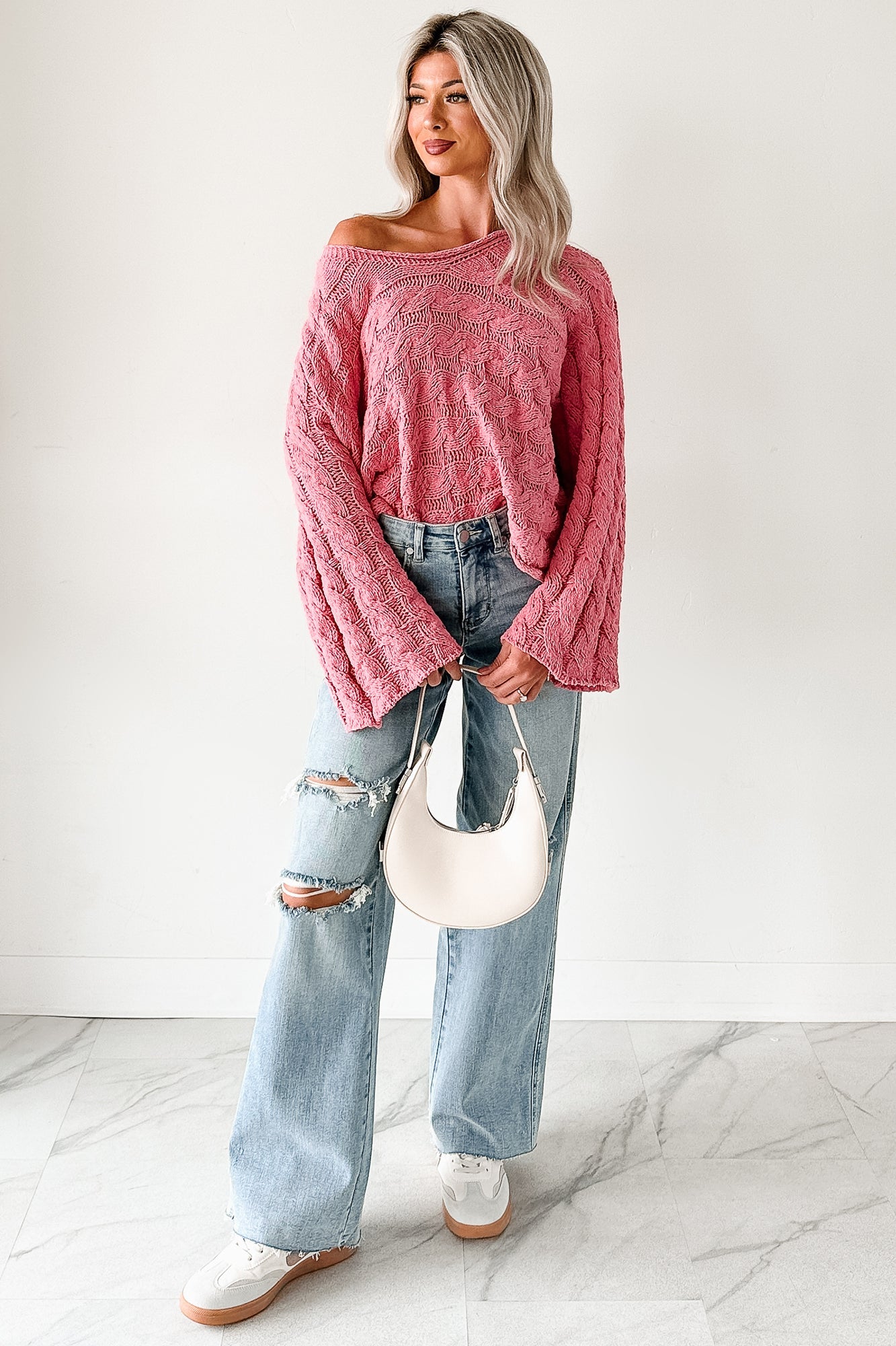 Making My Way Cable Knit POL Sweater (Pink)