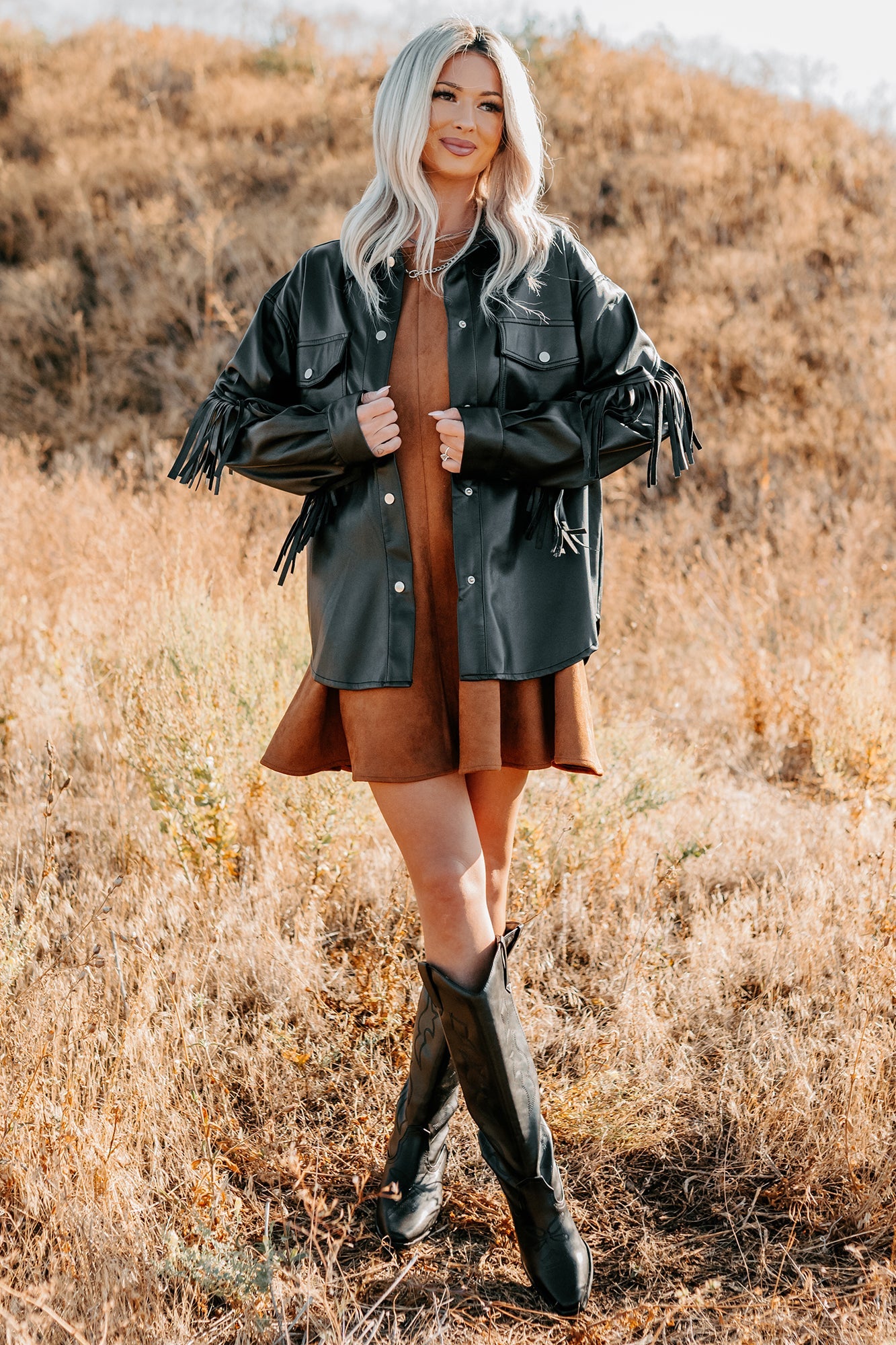 Creating Moments Faux Leather Fringe Jacket (Black)