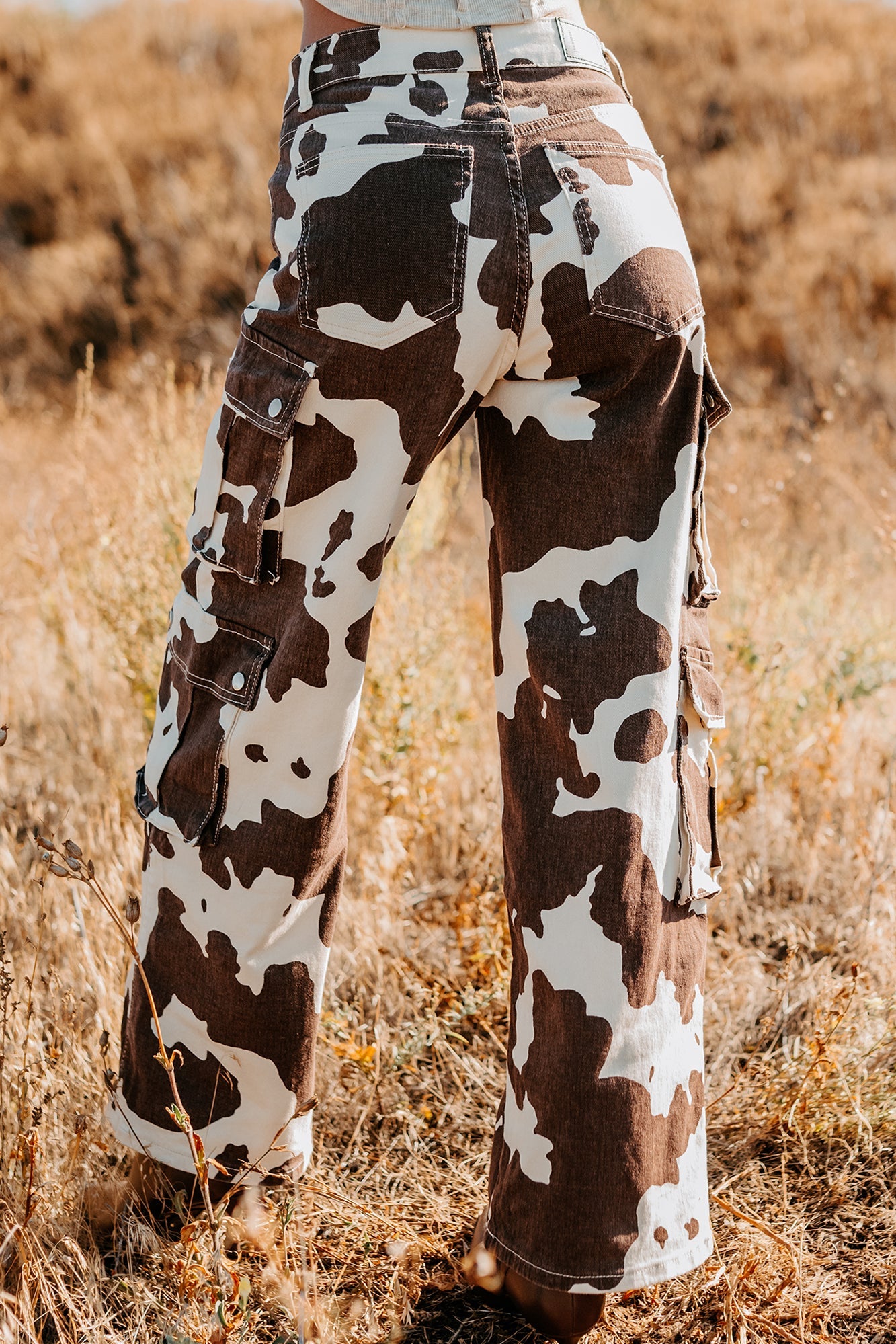 Mirabel Wide Leg Cow Print Balboa Jeans (Brown)