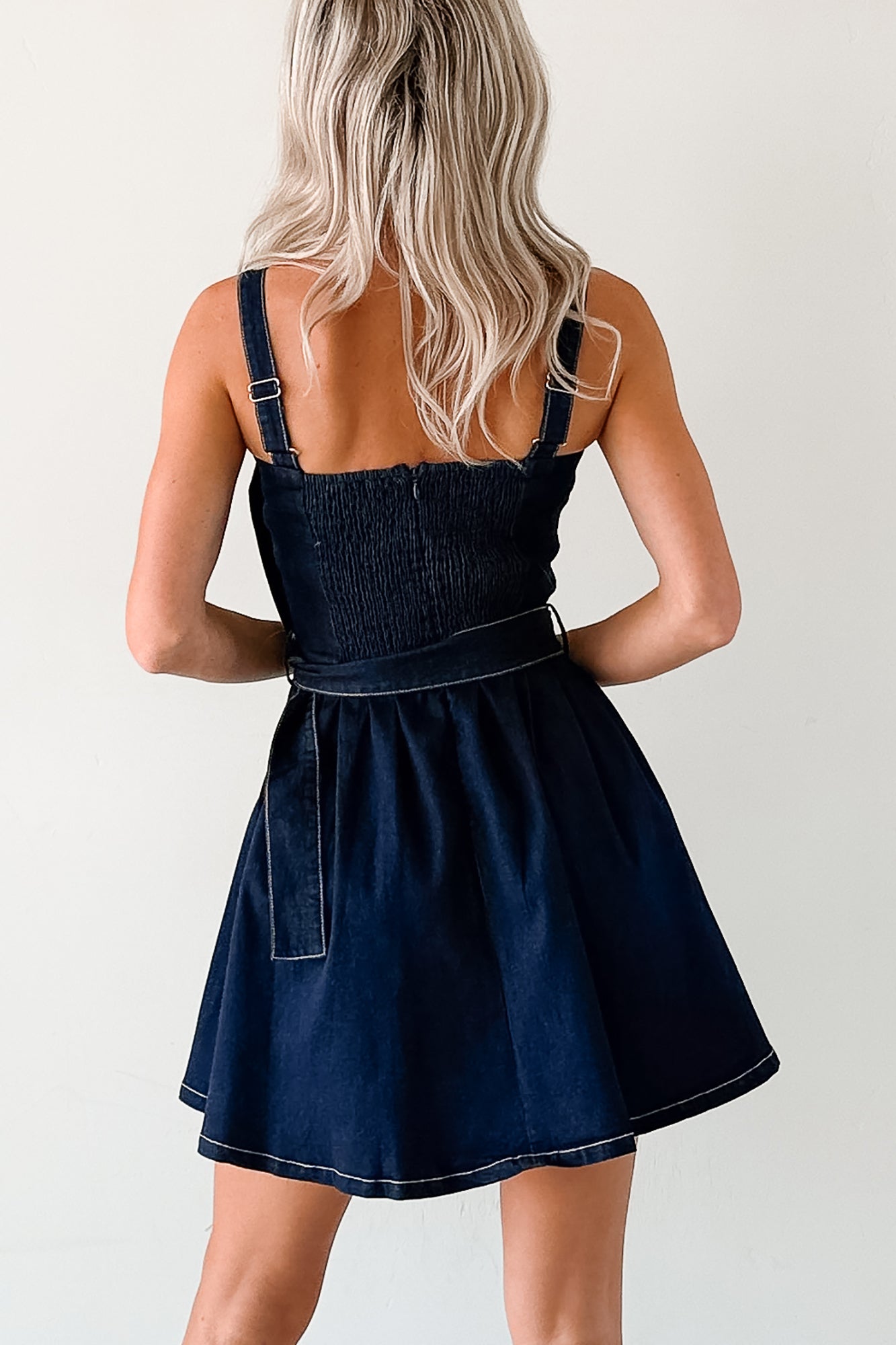 Hustle In Heels Pleated Sleeveless Mini Dress (Denim)