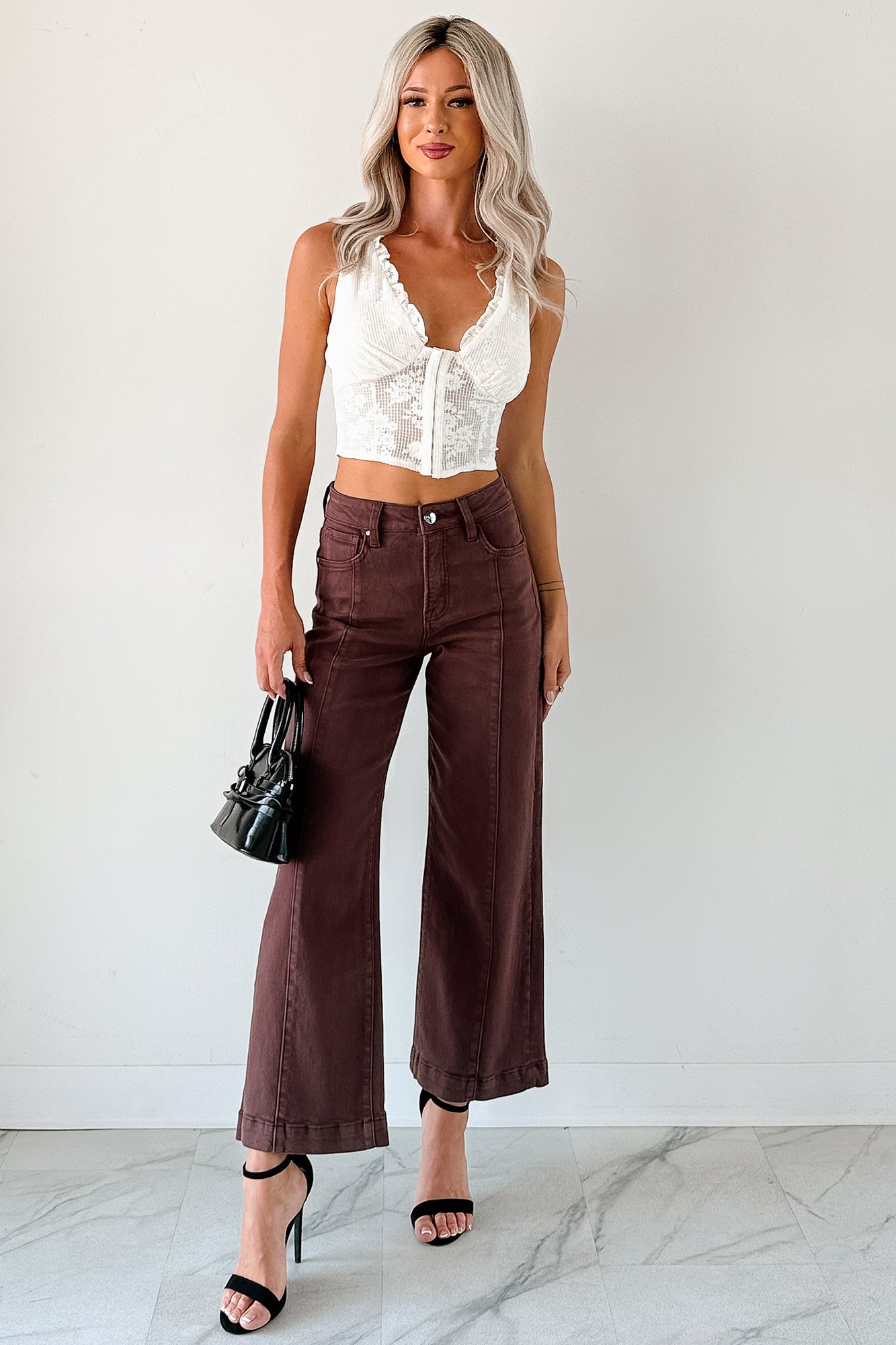 Maizie Tummy Control Wide Leg Cropped Risen Jeans (Choco Brown)