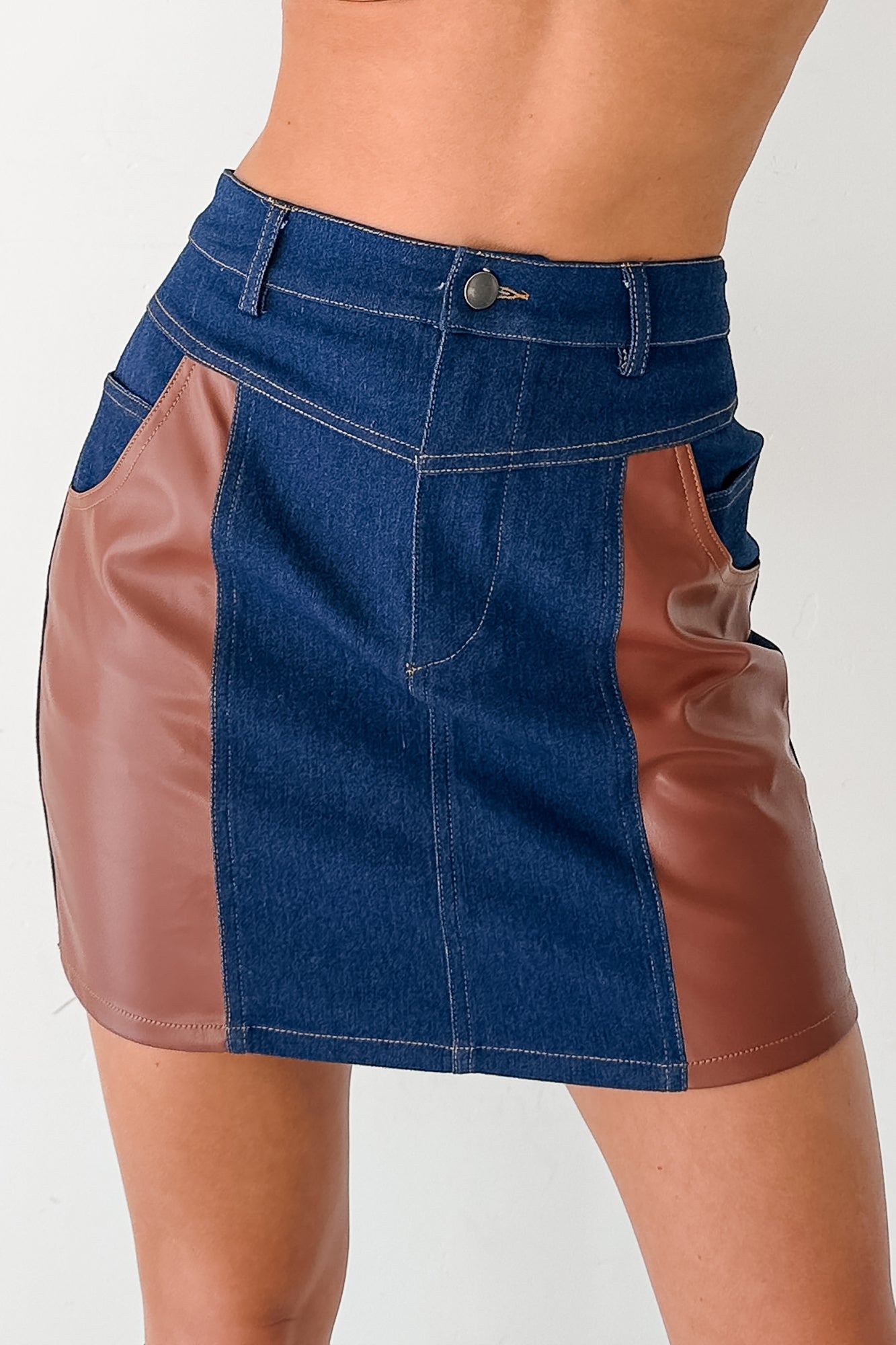 Sweet Horizon Faux Leather & Denim Mini Skirt (Dark Denim)