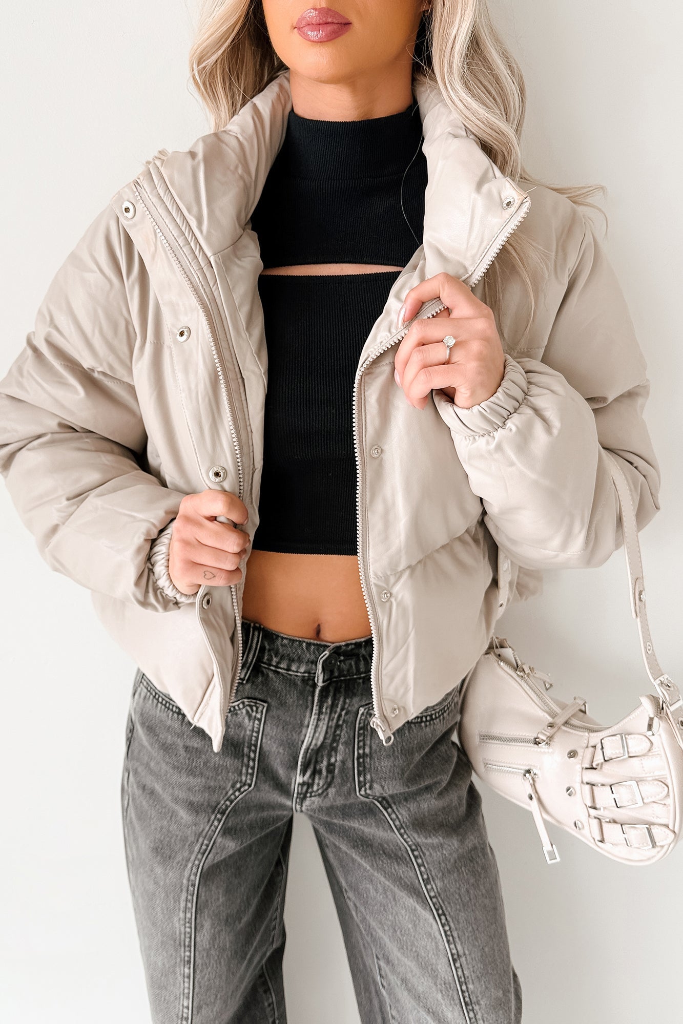 Shine Your Way Faux Leather Puffer Jacket (Taupe)