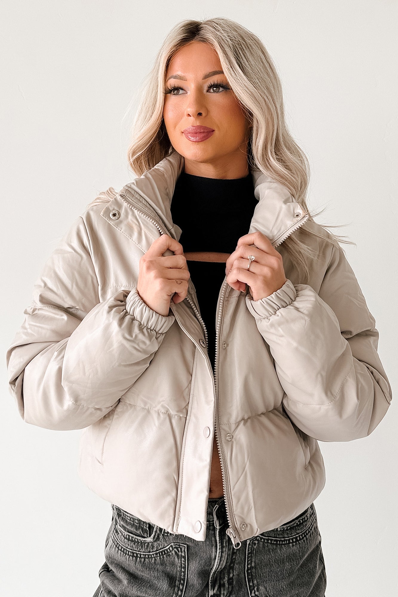 Shine Your Way Faux Leather Puffer Jacket (Taupe)