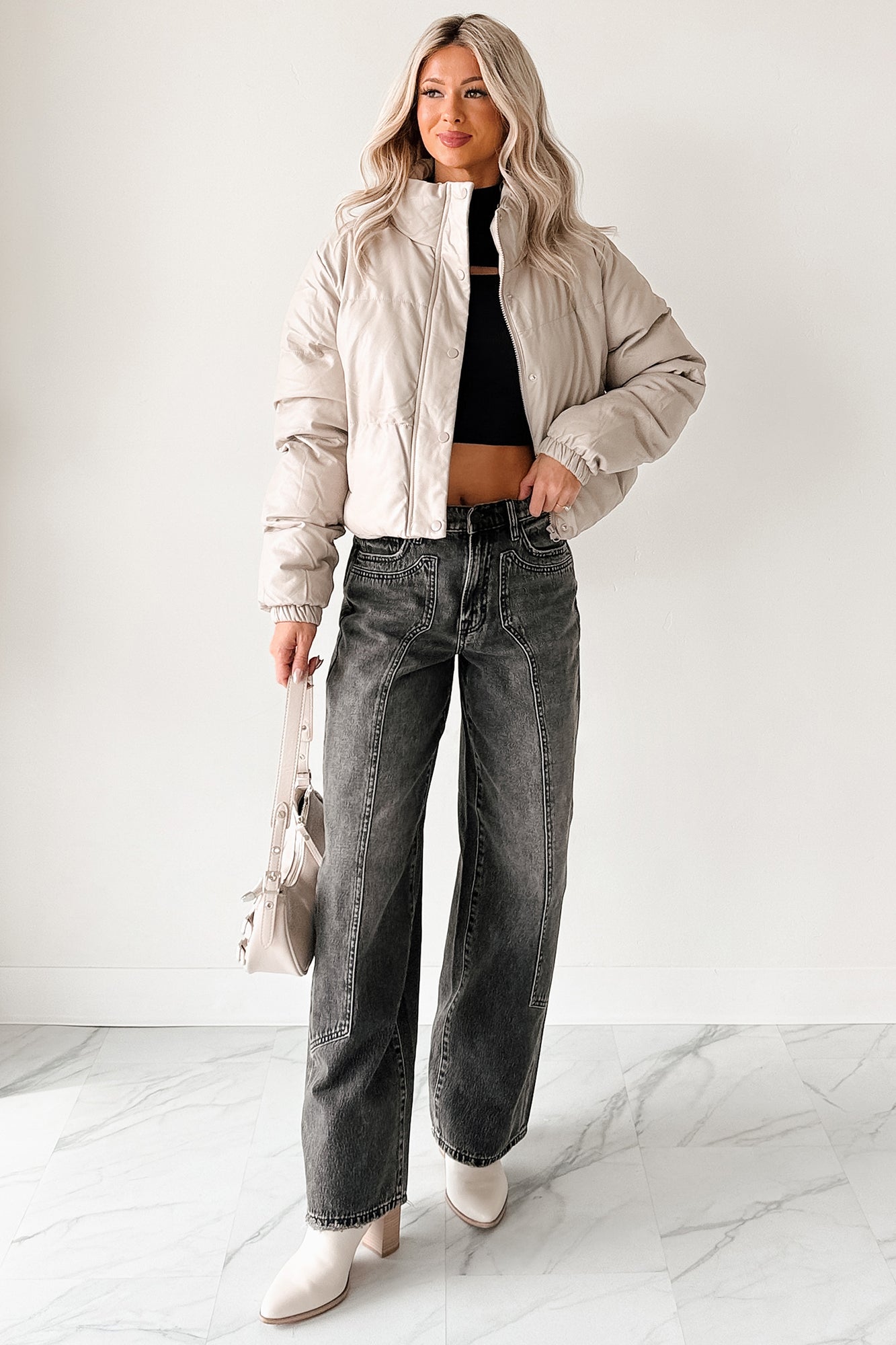 Shine Your Way Faux Leather Puffer Jacket (Taupe)