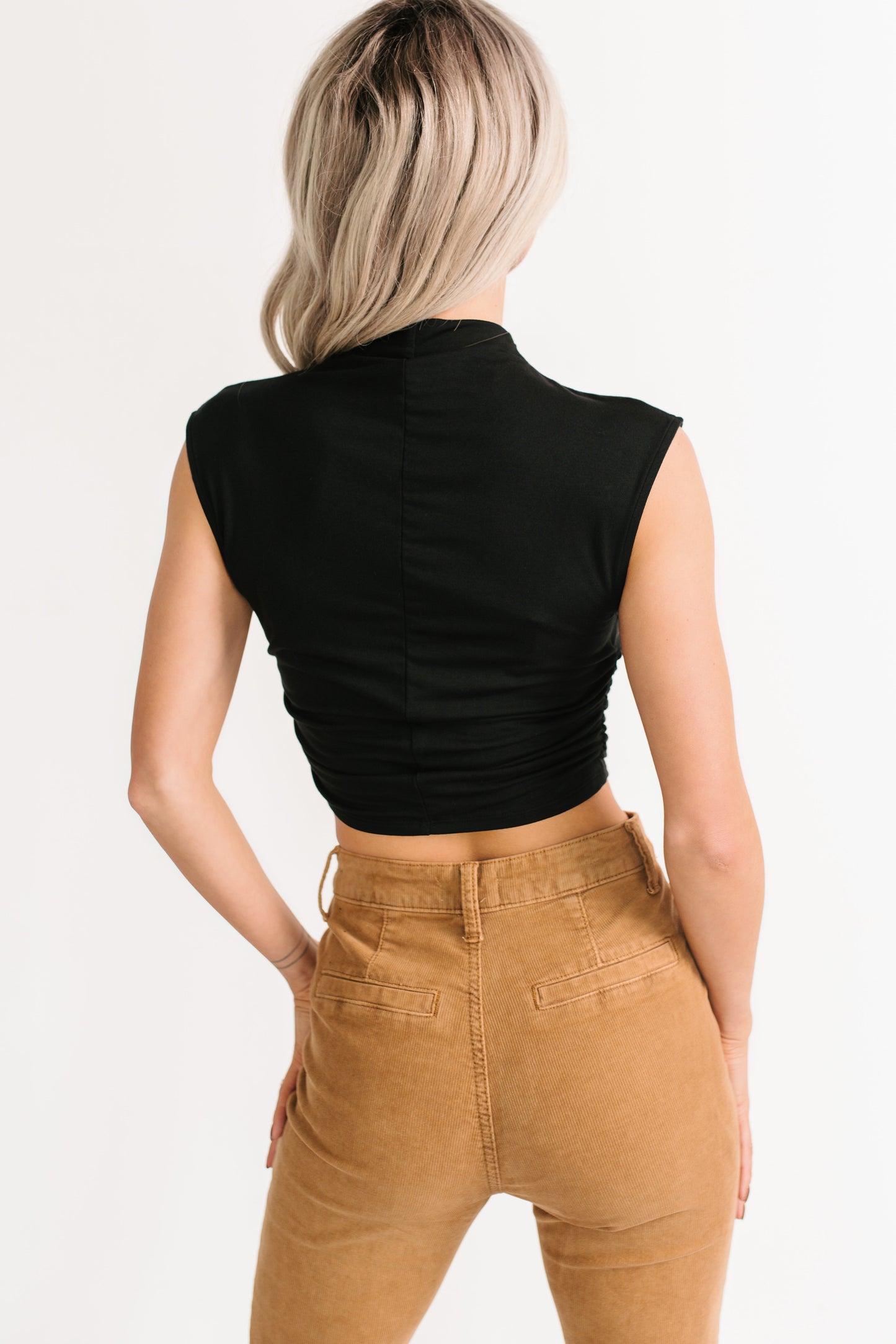 One More Kiss Cap Sleeve Mock Neck Crop Top (Black)