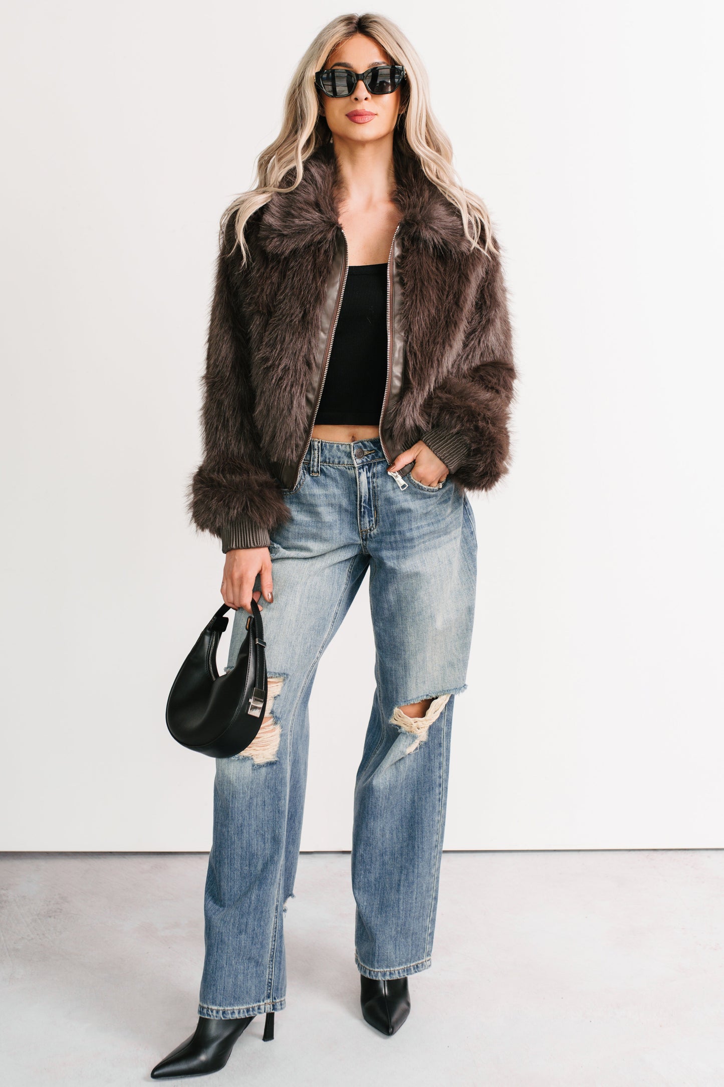 No Comparisons Faux Fur Plush Zip-Up Jacket (Brown)