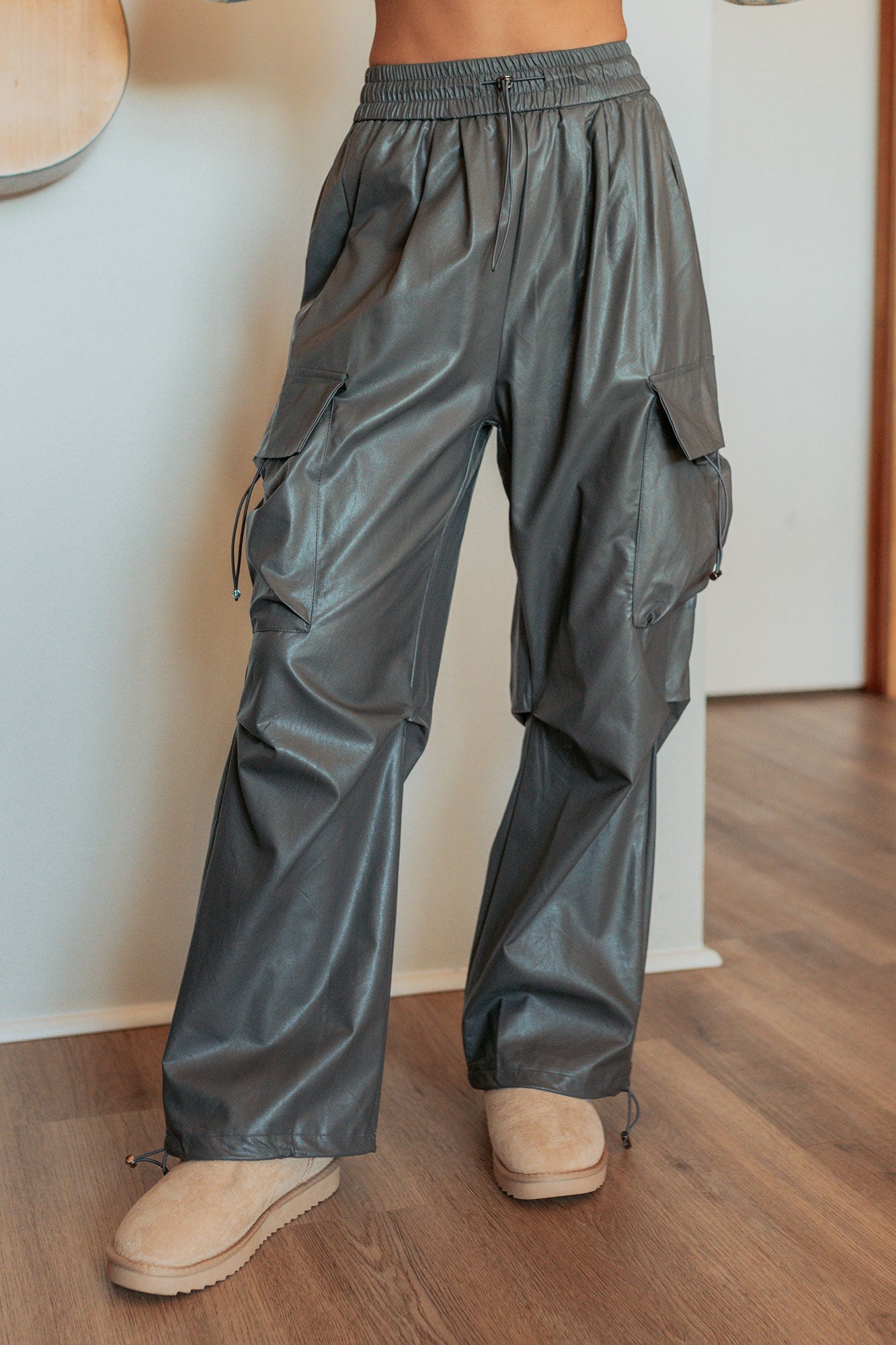 Don't Be Shy Faux Leather Cargo Pants (Grey)