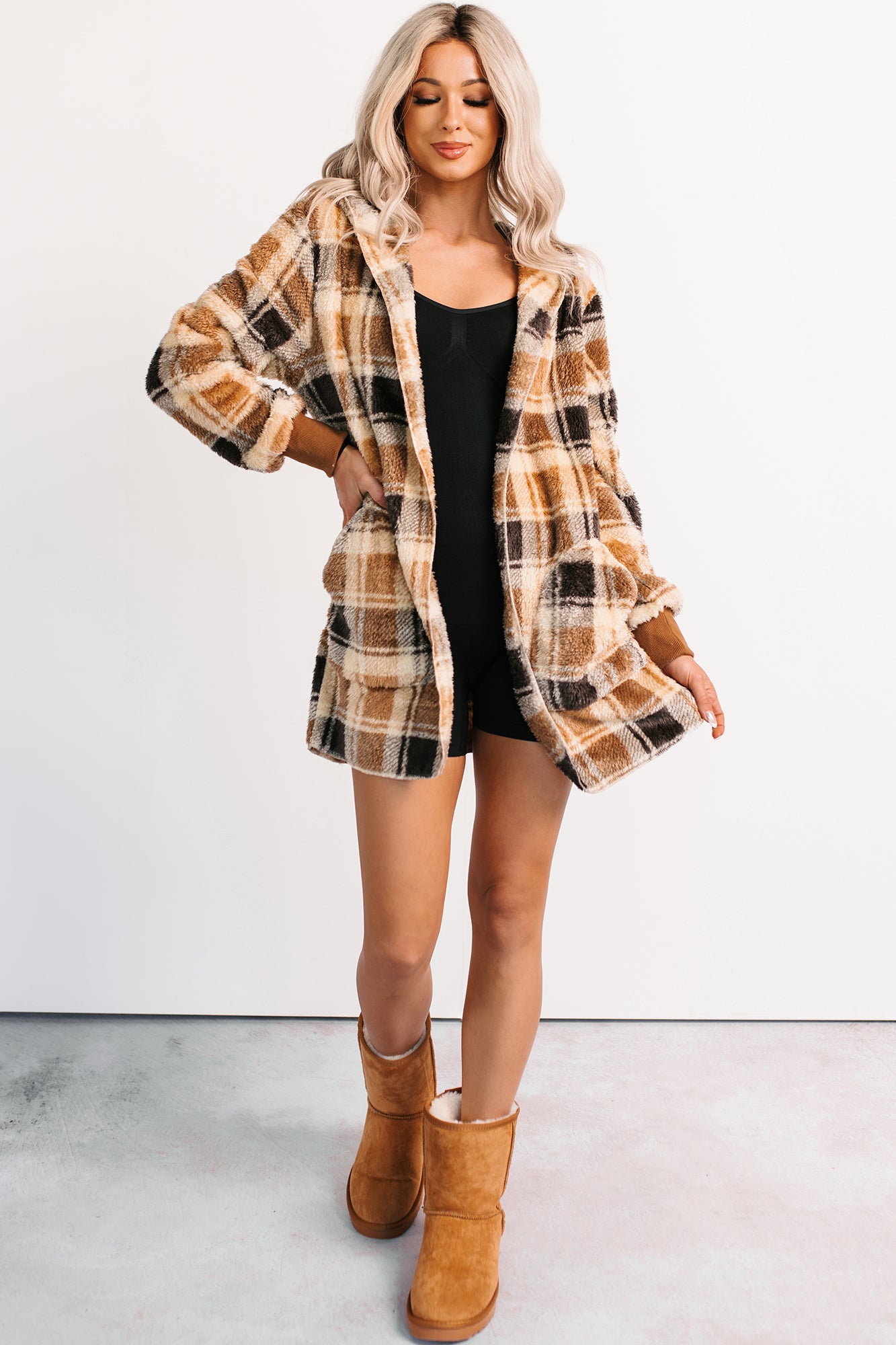 No Off Days Plaid Print Fur Hoodie Cardigan (Camel Mix)