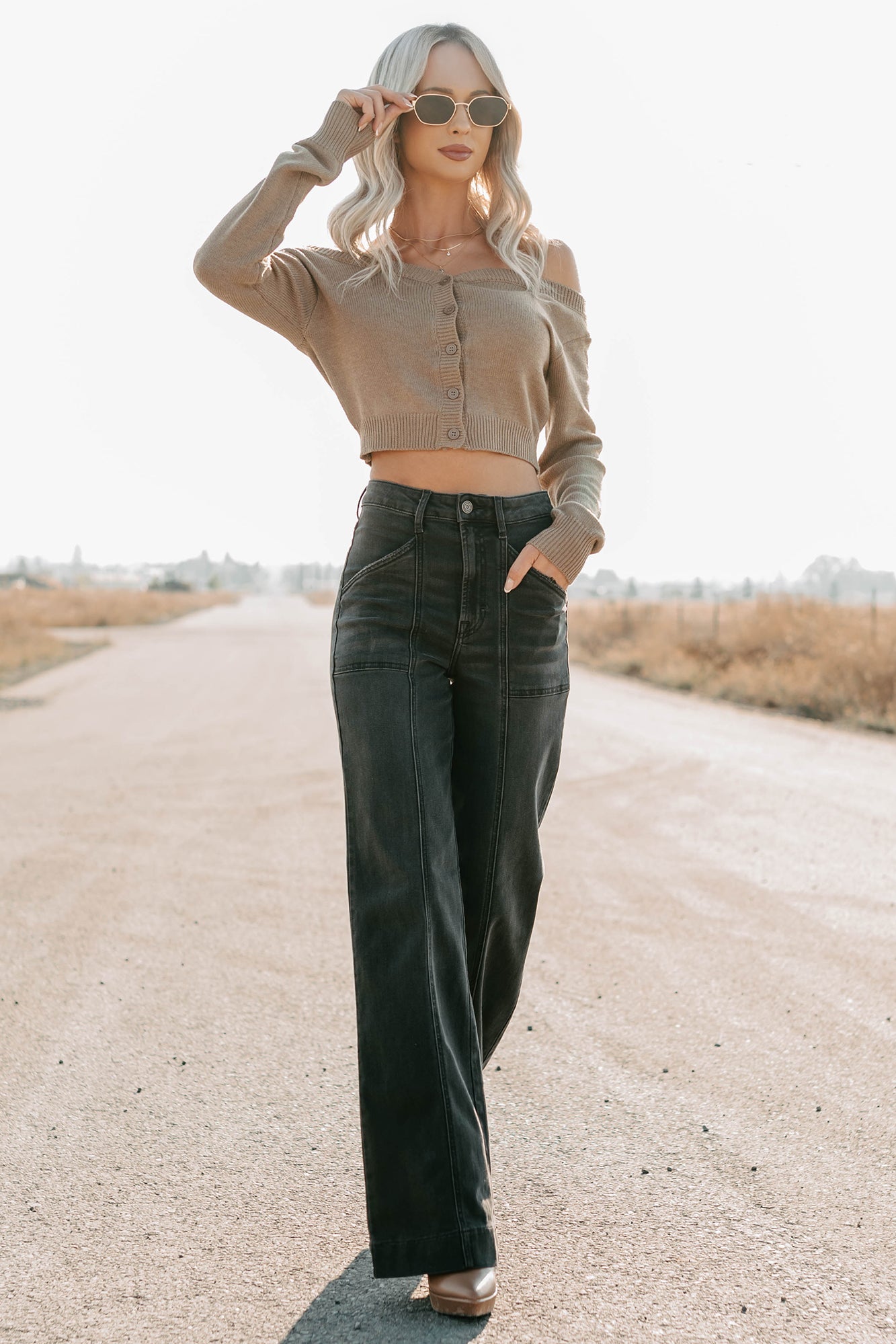 Stay Mine Off The Shoulder Buttoned Sweater Top (Dark Taupe)