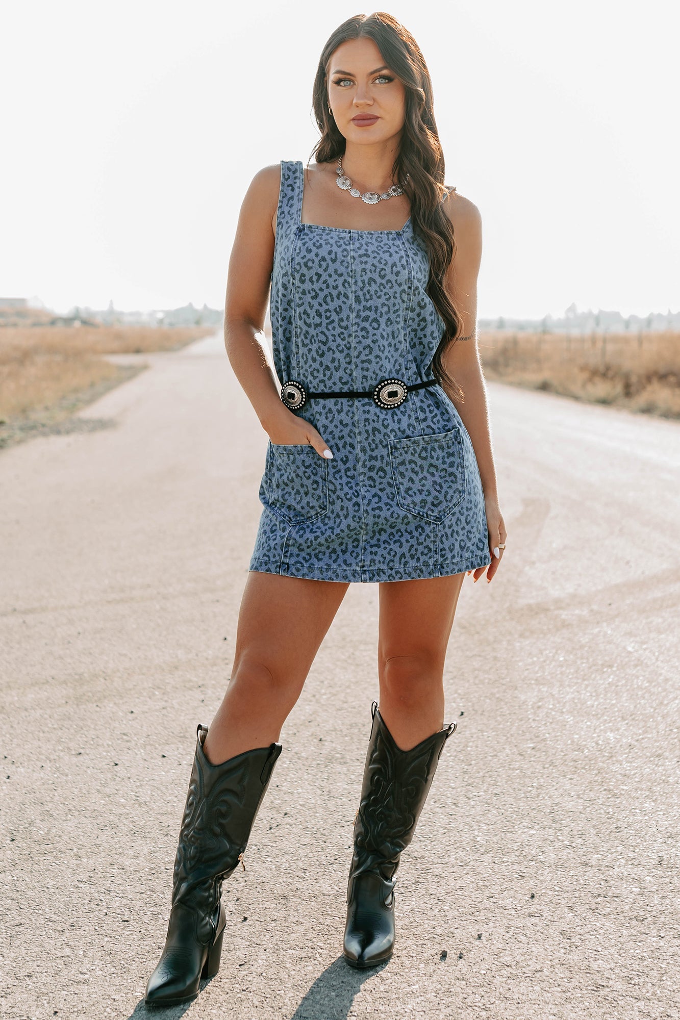 Kendrix Animal Print Denim Mini Dress (Denim Leopard)