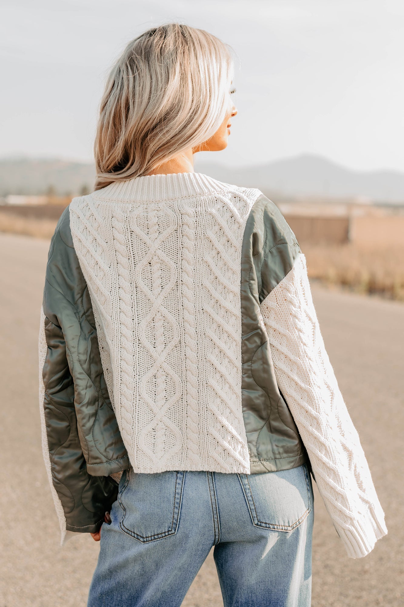 Latte Layers Quilted Cable Knit POL Cardigan (Natural/Olive)