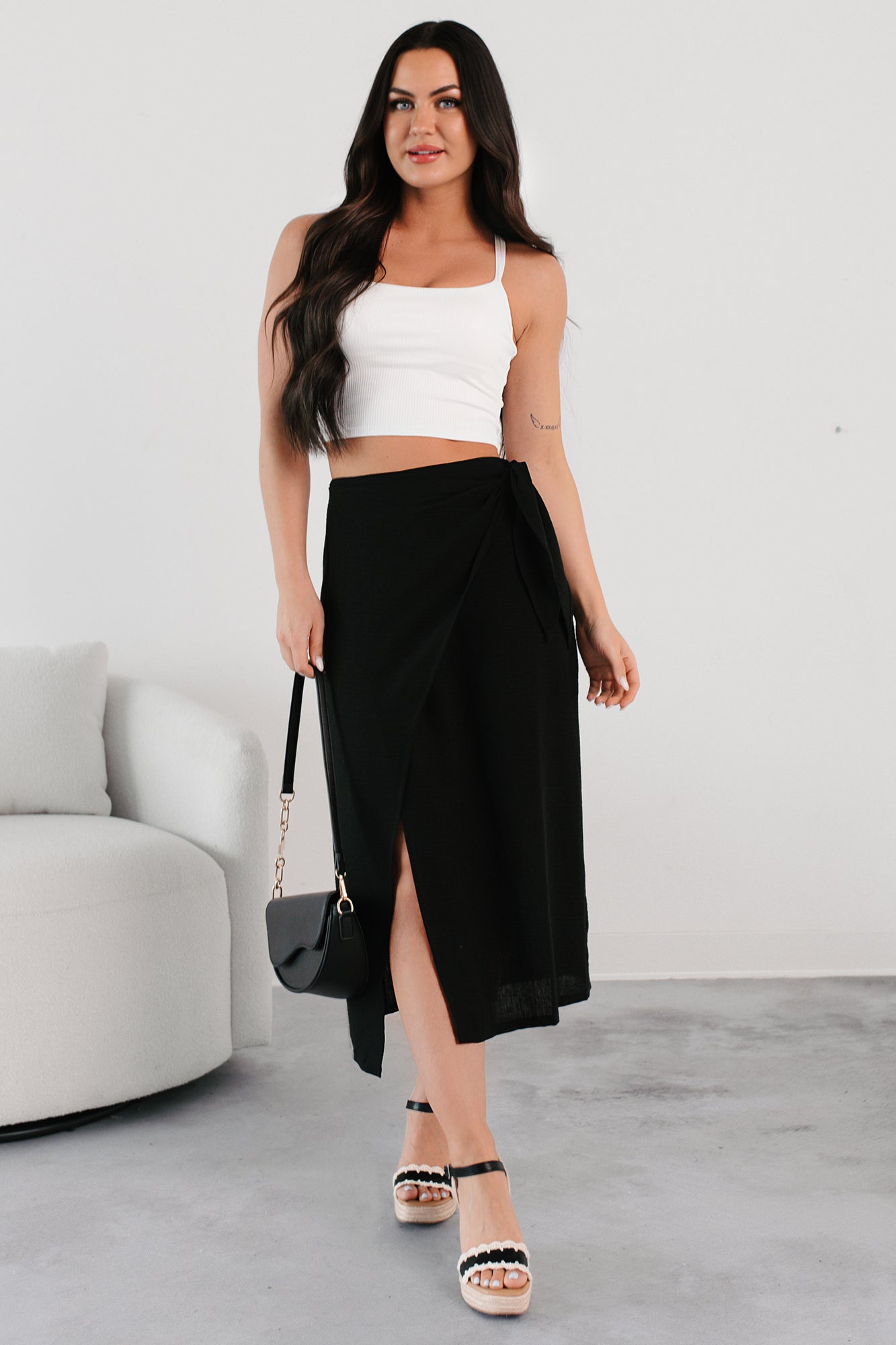 Sunlit Paths Woven Wrap Tie Skirt (Black)