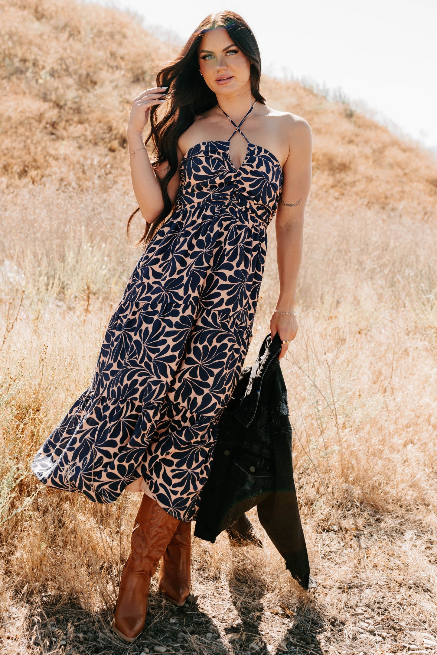 Purpose Driven Printed Halter Midi Dress (Navy/Clay)