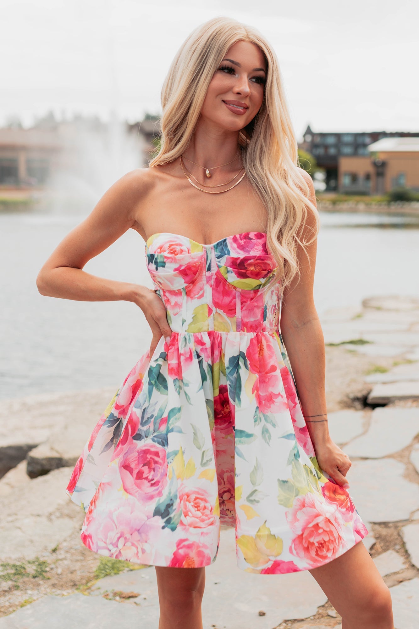 Flora's Garden Strapless Floral Corset Mini Dress (Pink)