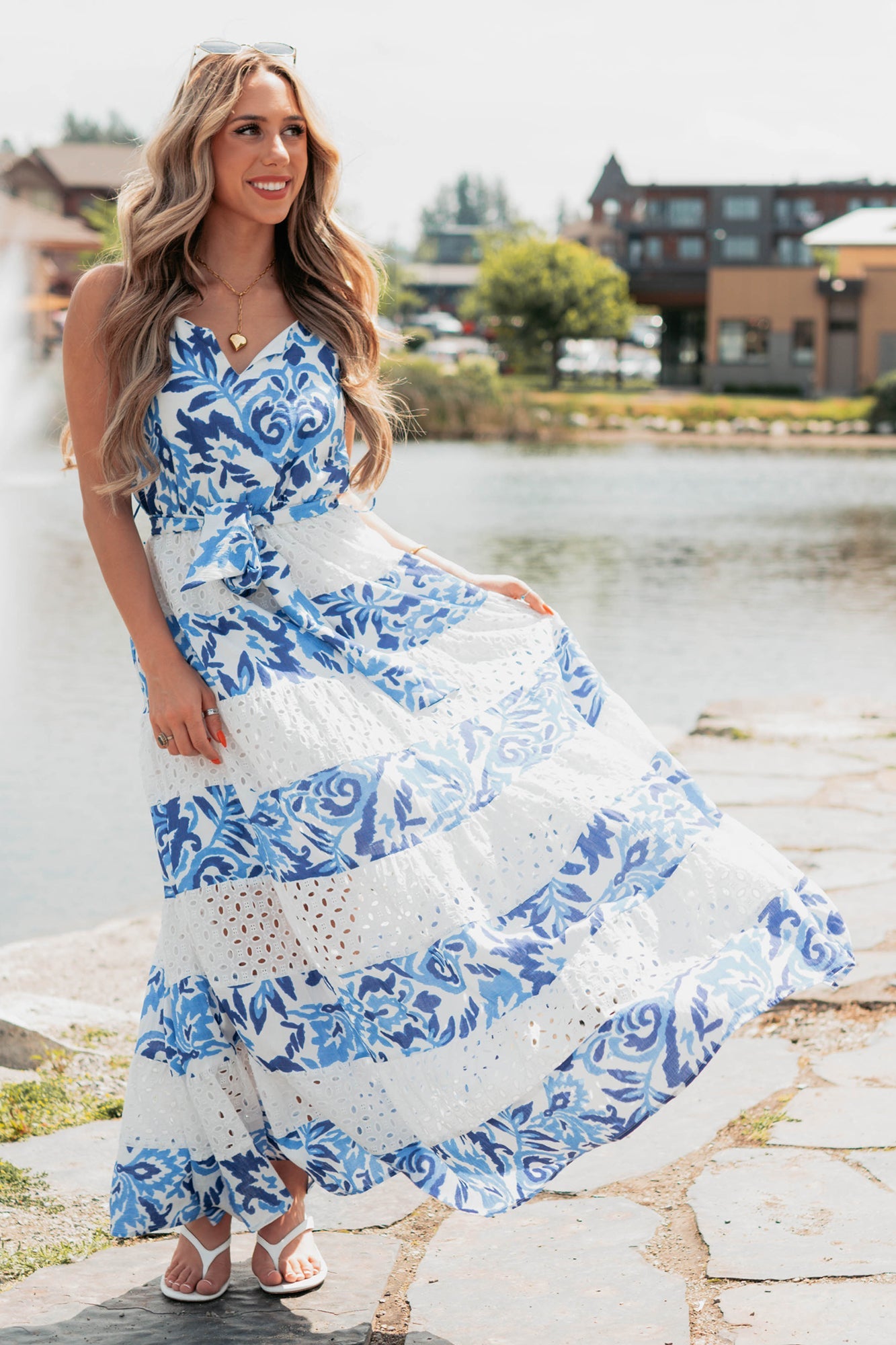 Only Ever You Eyelet Lace Tiered Maxi Dress (Blue)