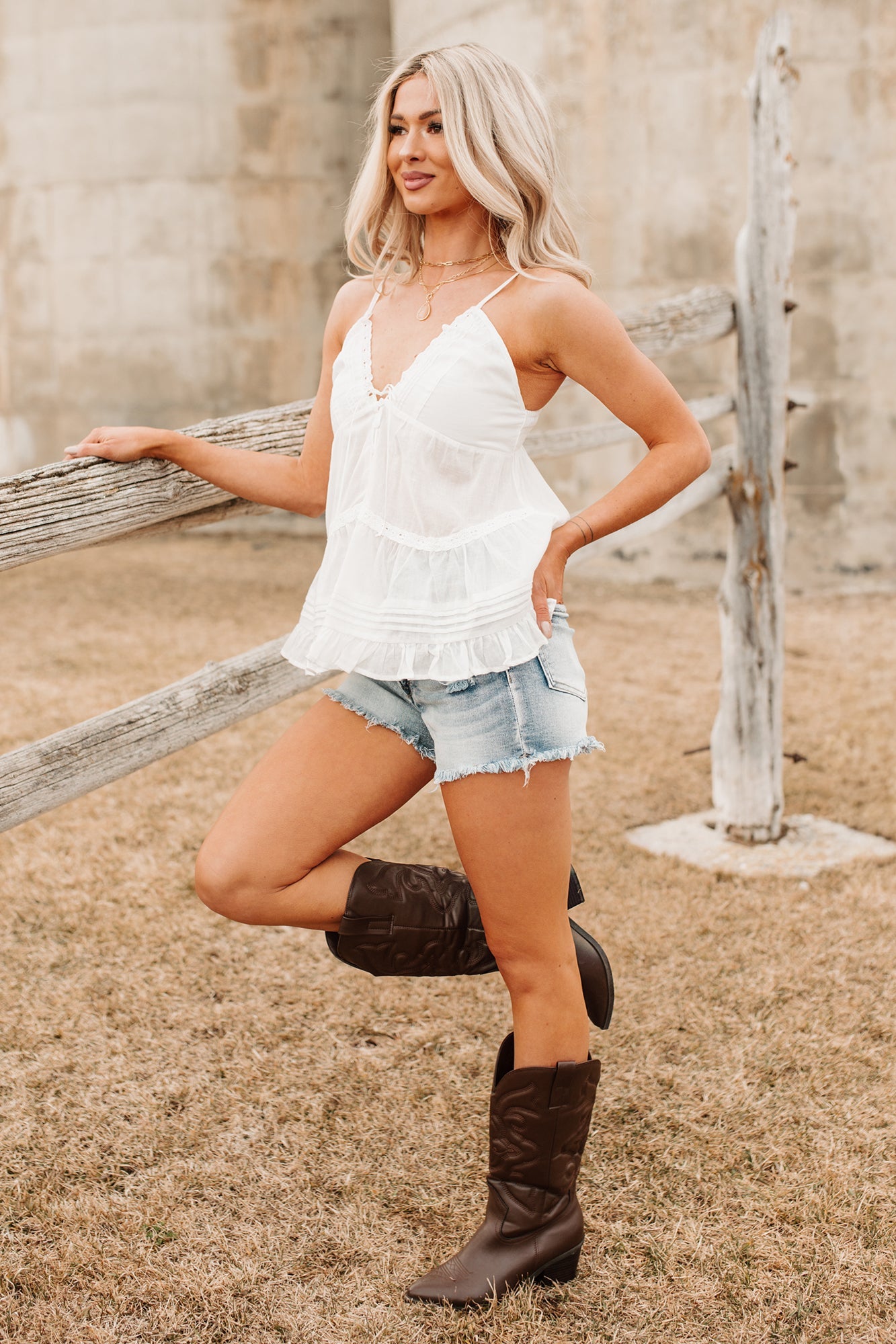 Easy Favorite Babydoll Lace Trim Cami Top (Ivory)