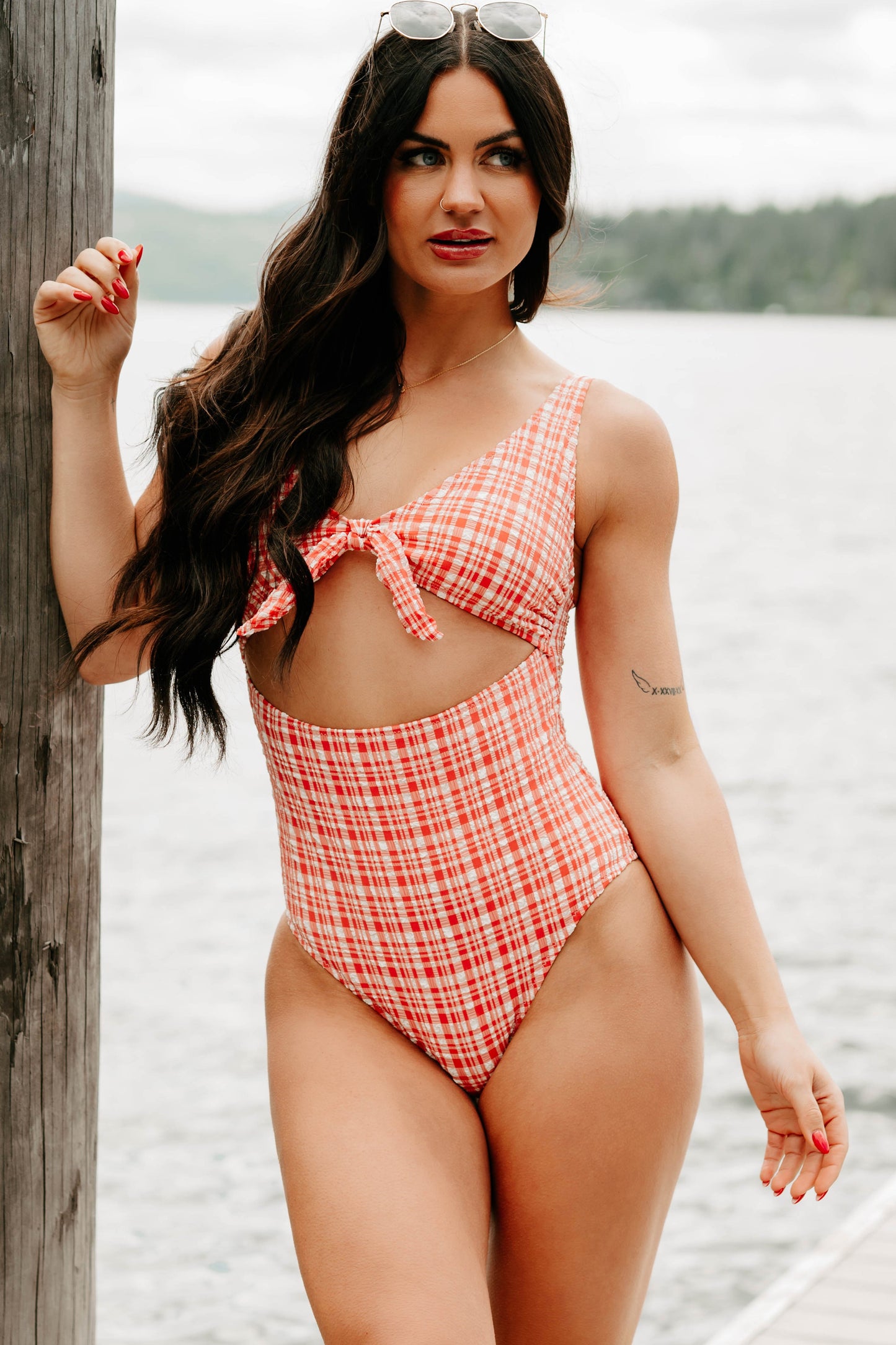 Never-Ending Summers Textured Cut-Out One Piece Swimsuit (Red Plaid)