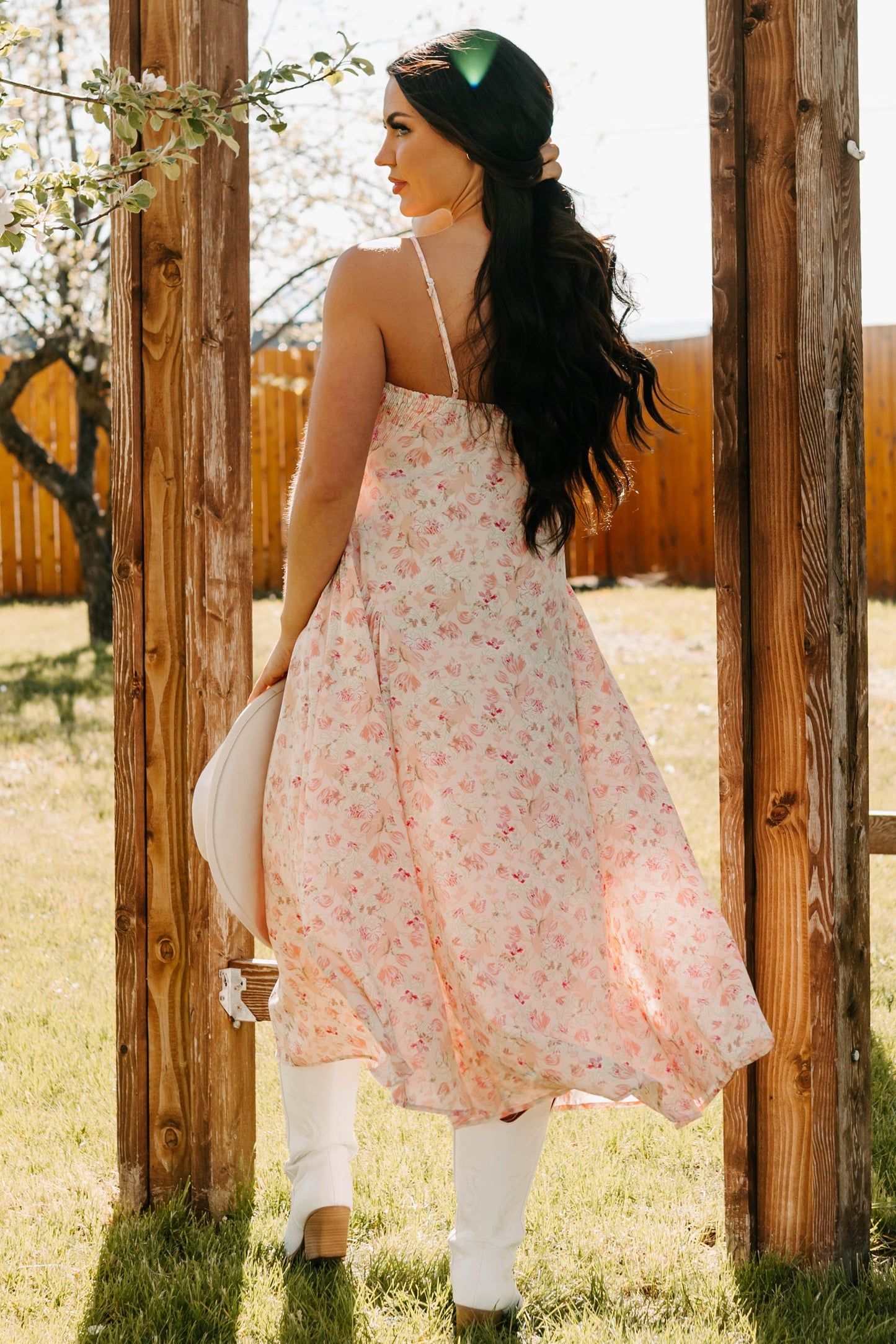 Phenomenal Fashion Drop Waist Floral Midi Dress (Apricot)