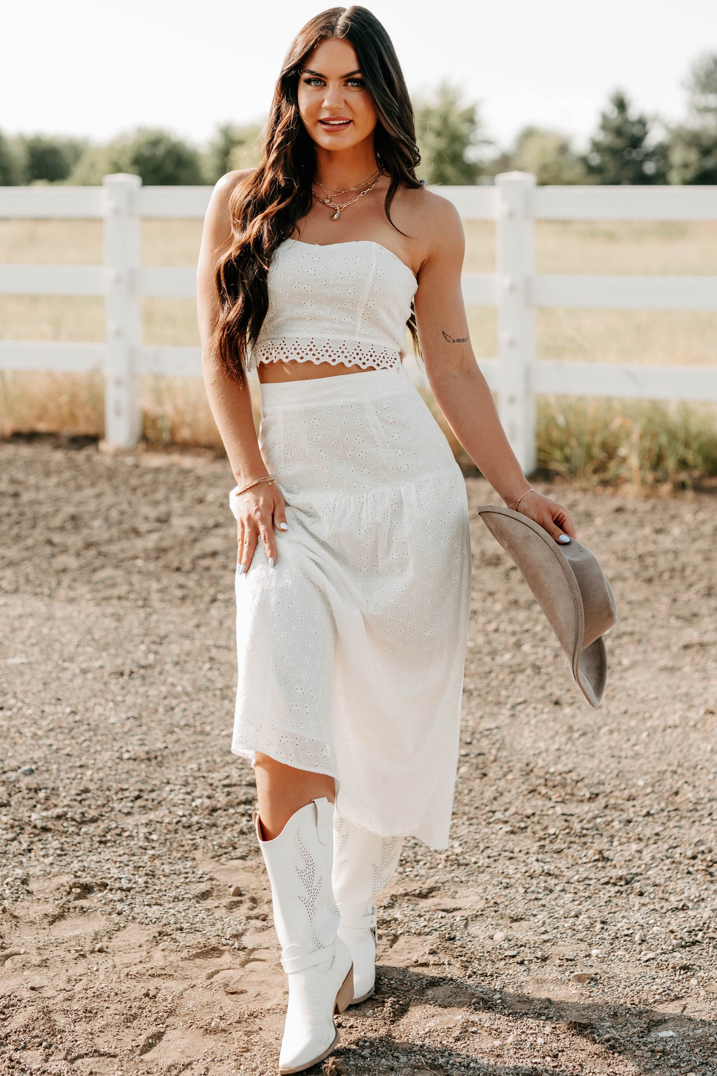 Crush Culture Crop Top Eyelet Skirt Set (White)