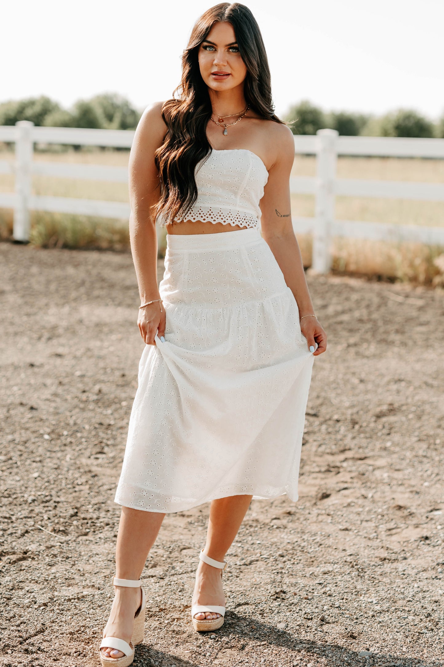 Crush Culture Crop Top Eyelet Skirt Set (White)