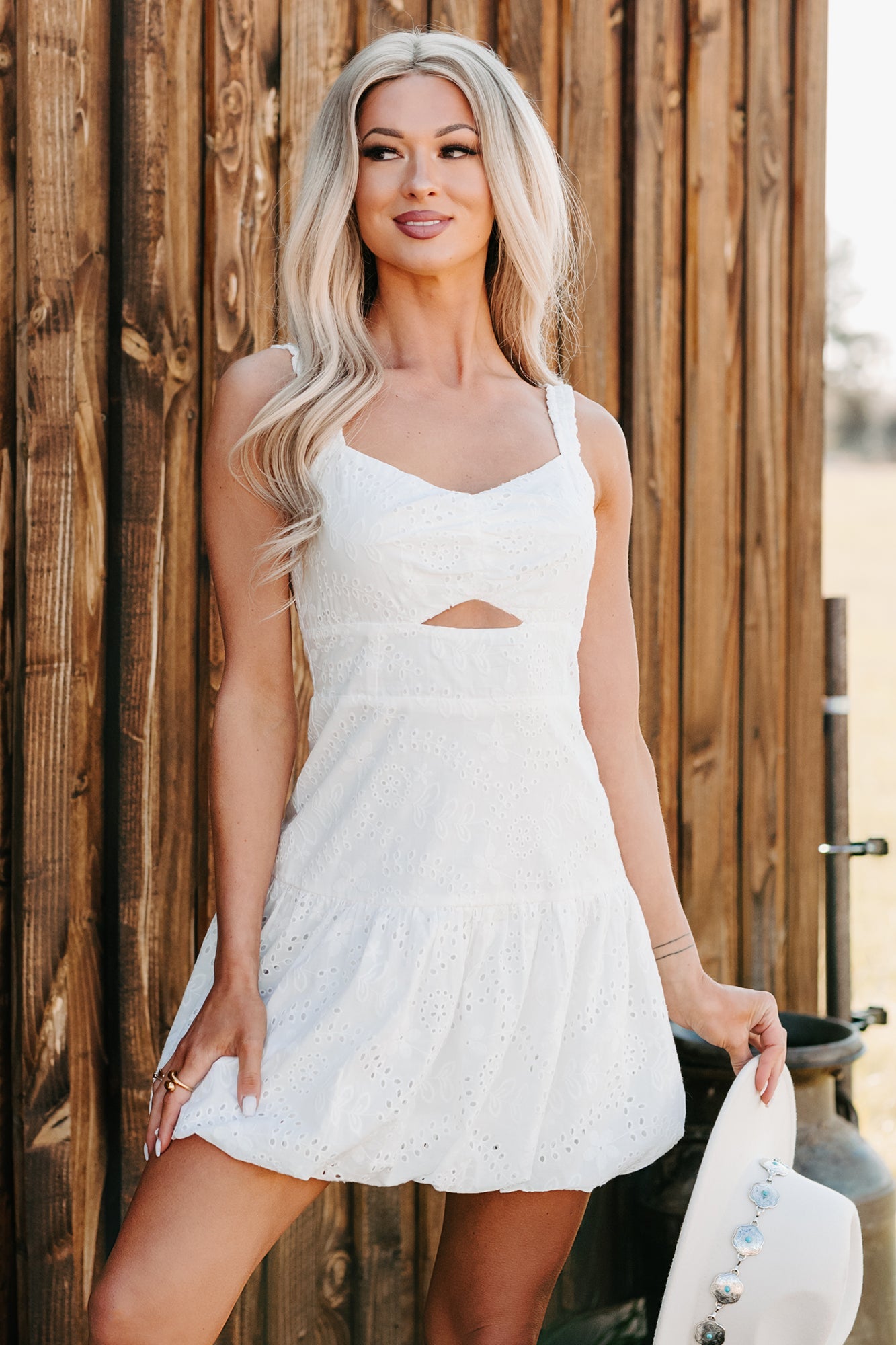 Almost A Dream Eyelet Lace Bubble Hem Dress (White)