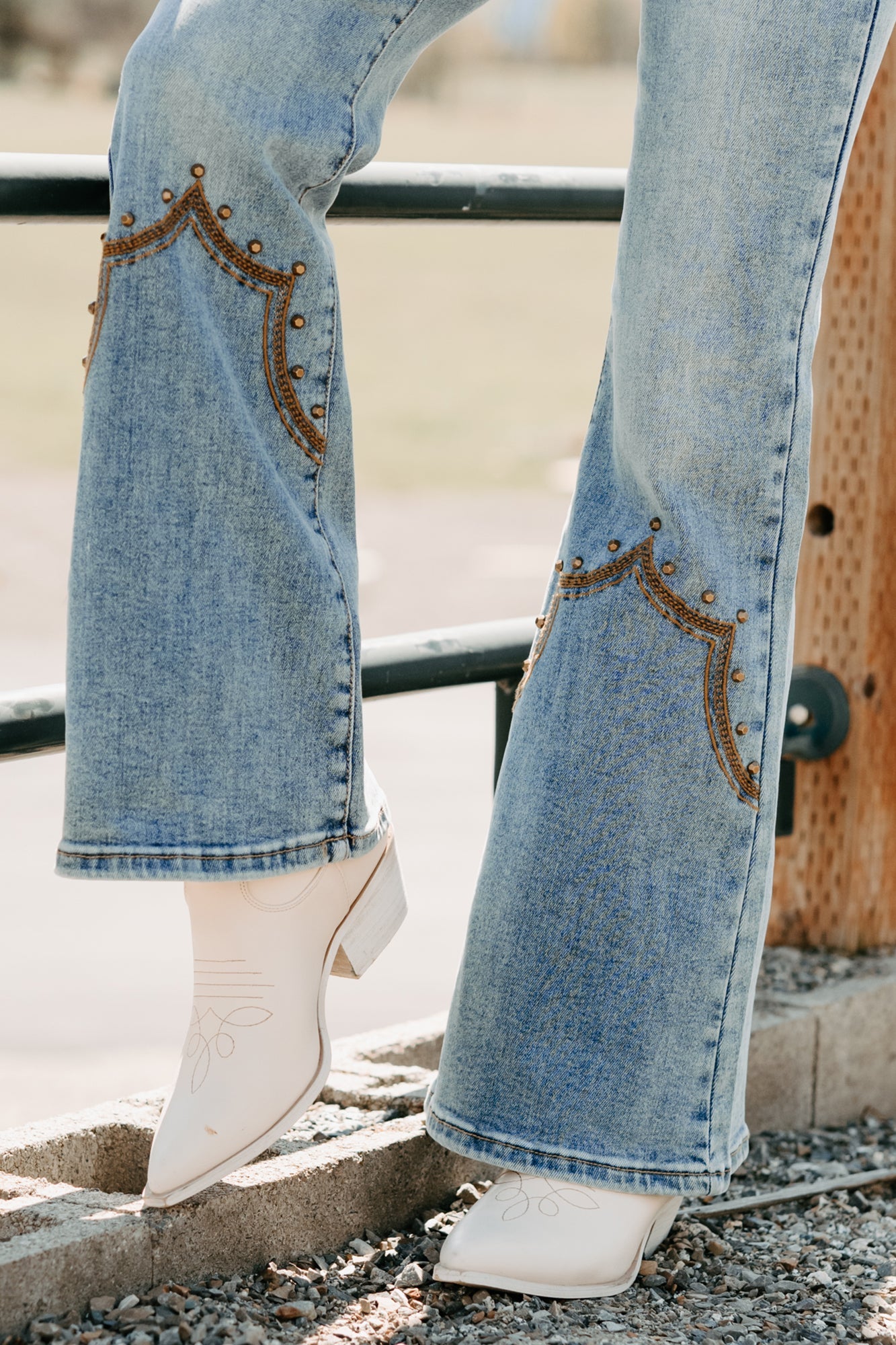 Mira Western Embroidered Saige Denim Flare Jeans (Medium Dark)
