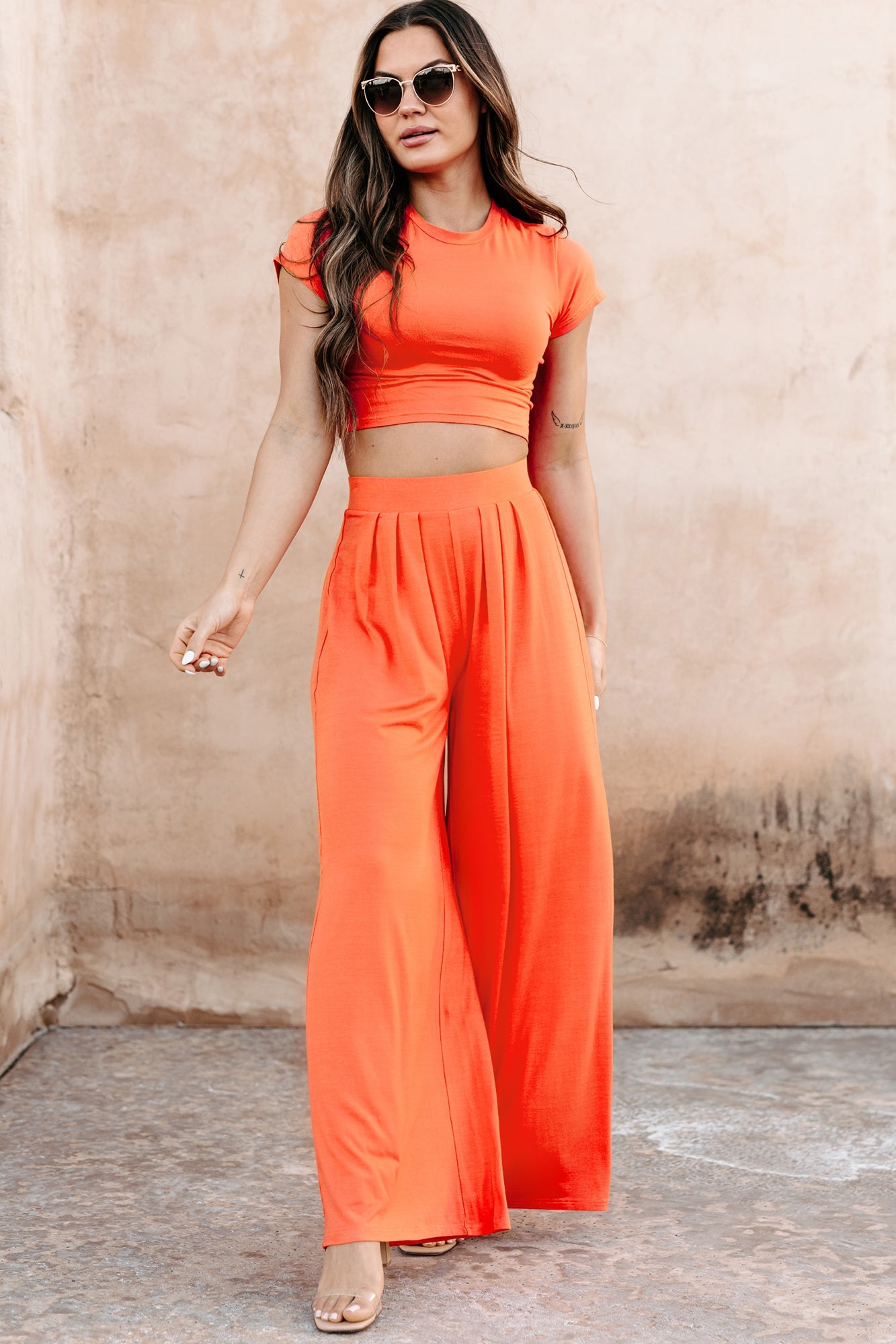 Fashionable Finesse Crop Top & Palazzo Pant Set (Neon Orange)