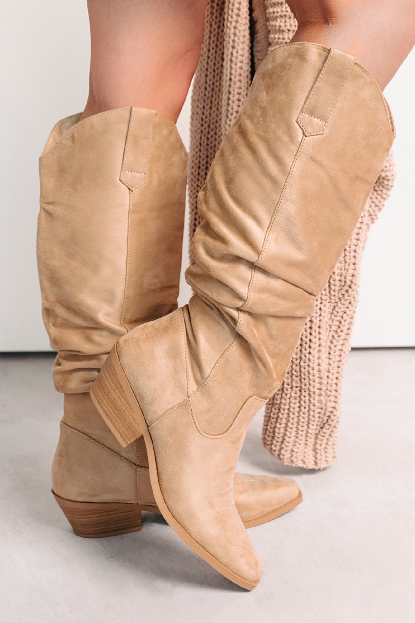 Stomp & Strut Faux Suede Slouch Boots (Light Sand)