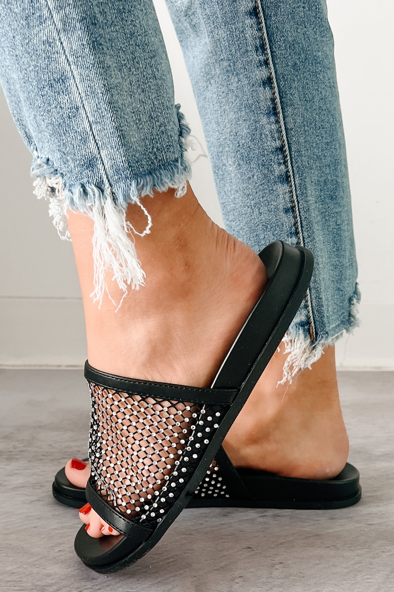 Shine On You Rhinestone Mesh Slide Sandals (Black)