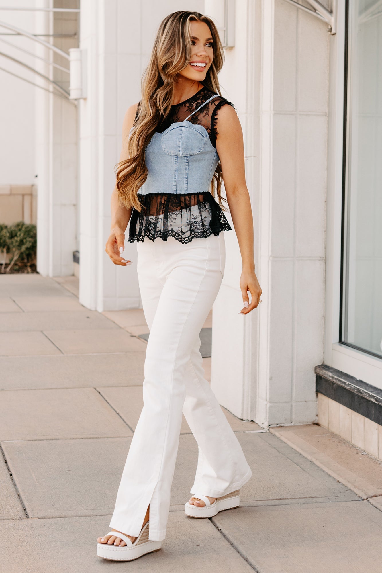 Bold & Flirty Corset Overlay Lace Top (Denim/Black)