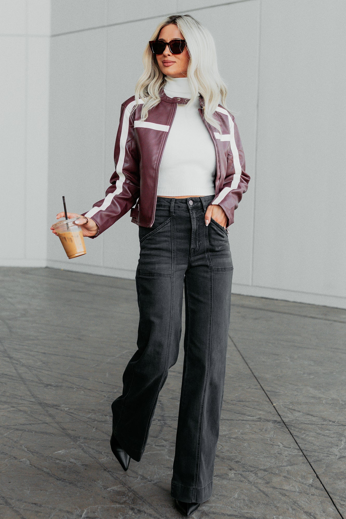 Thrill Seeker Faux Leather Racer Jacket (Burgundy)