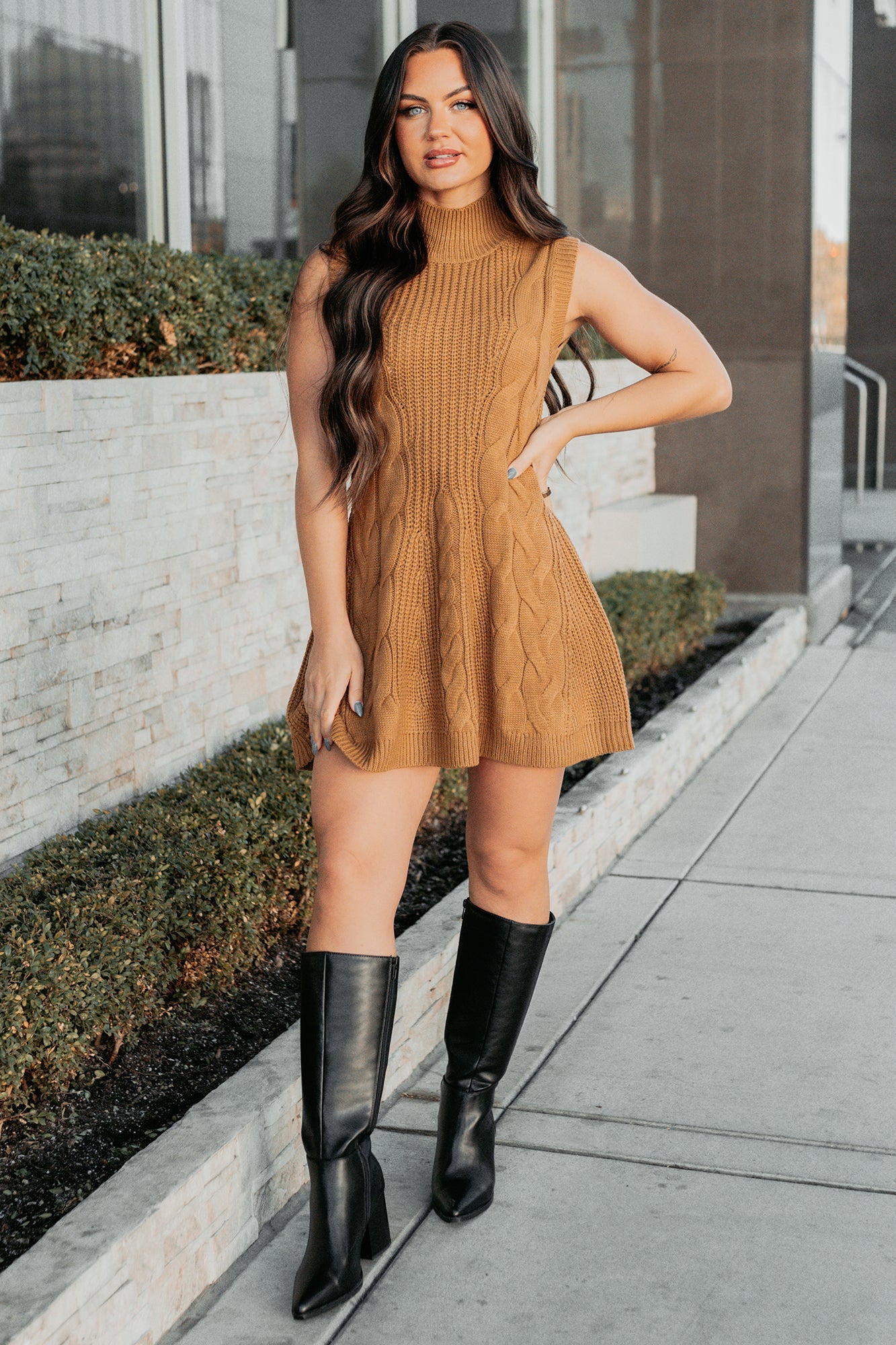 If You Stay Sleeveless Cable Knit Mini Dress (Mocha Mousse)