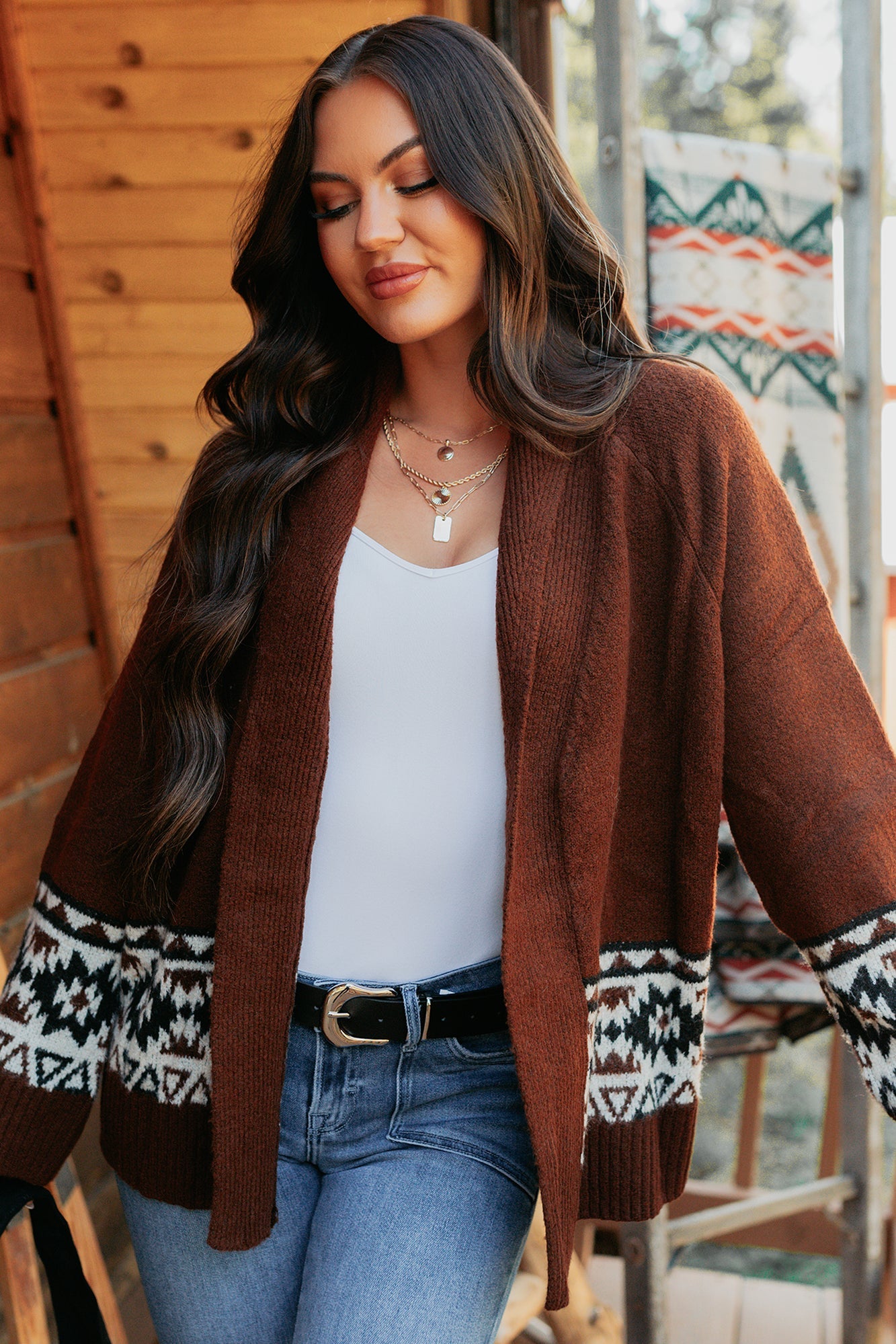 As It Goes Long Sleeve Aztec Cardigan (Dark Brown)