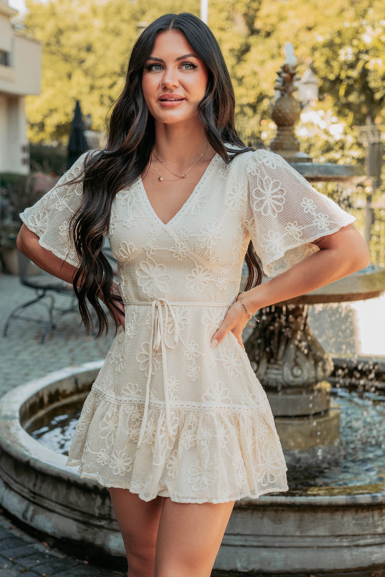 Feeling Charming V Neck Floral Mini Dress (Cream)
