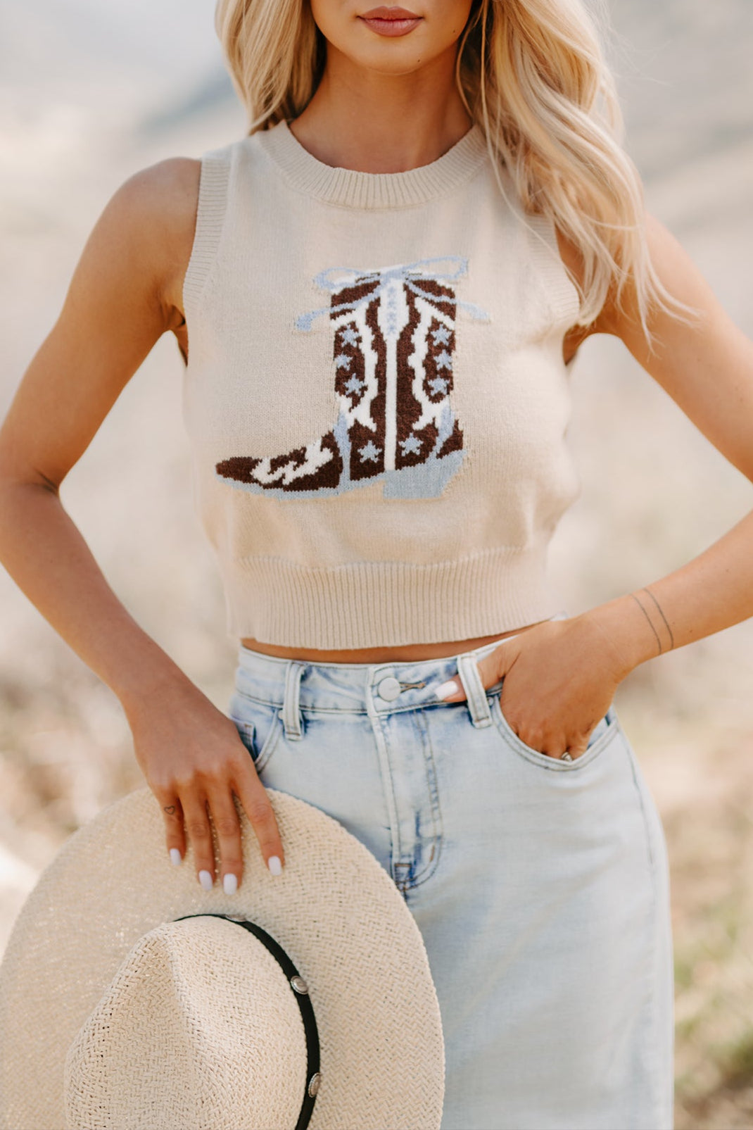 Rustic Romantic Cowboy Boot Sweater Tank (Beige)